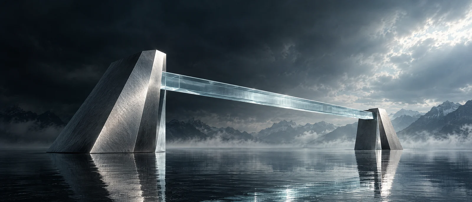 Une passerelle de verre relie deux piliers de métal au-dessus d’un lac de montagne.